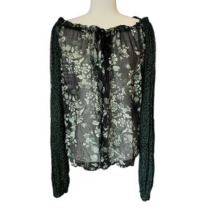 Free People Hendrix Sheer Peasant Top Green Floral Tassel Tie XS